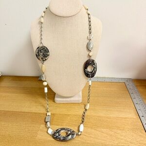 Textured wood large pendant beads with smaller accent long lanyard necklace